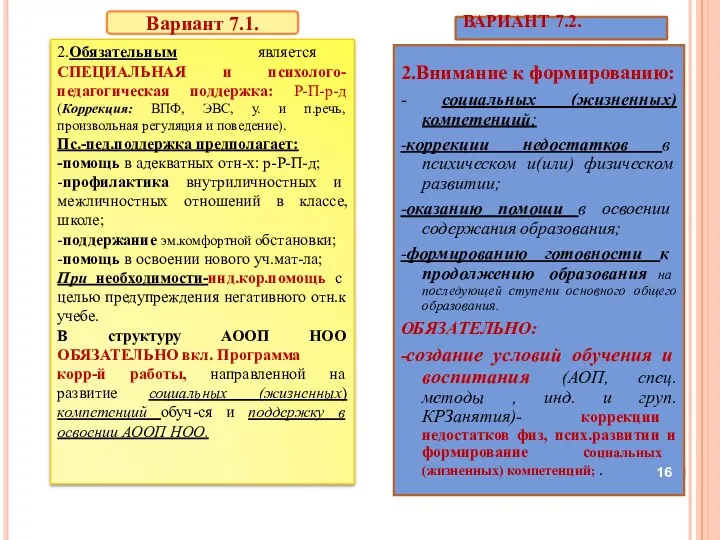 ВАРИАНТ 7.2. 2.Внимание к формированию: - социальных (жизненных) компетенций; -коррекции