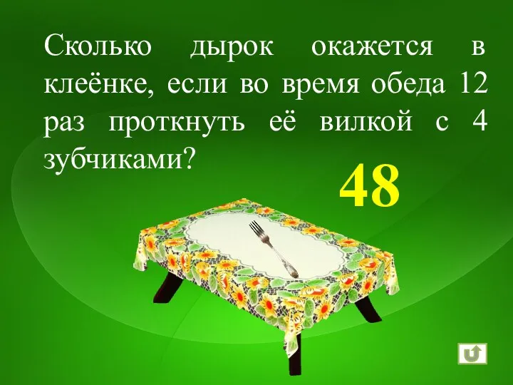 48 Сколько дырок окажется в клеёнке, если во время обеда