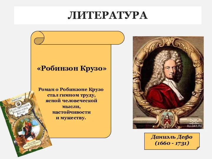ЛИТЕРАТУРА Даниэль Дефо (1660 - 1731) «Робинзон Крузо» Роман о