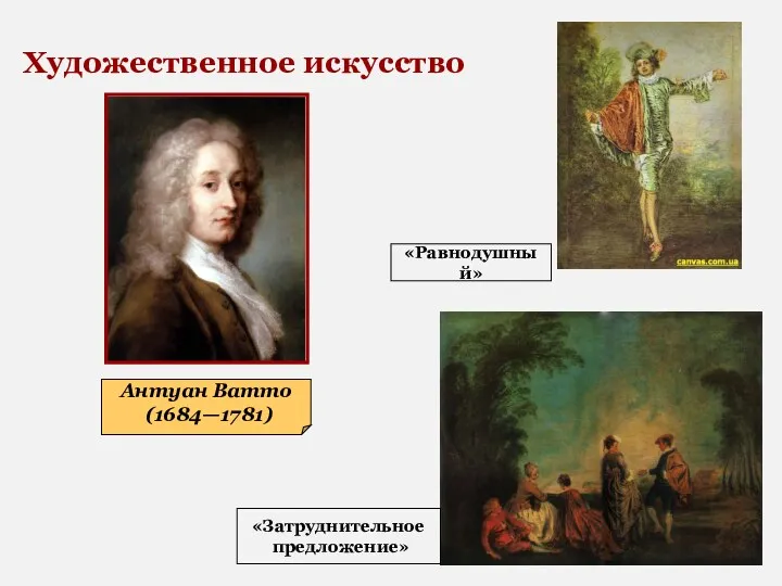 Антуан Ватто (1684—1781) «Затруднительное предложение» «Равнодушный» Художественное искусство