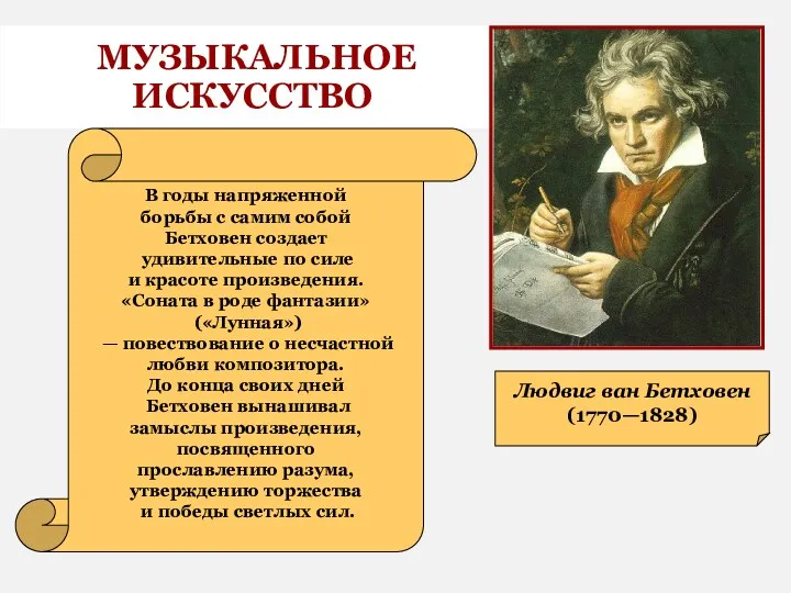 МУЗЫКАЛЬНОЕ ИСКУССТВО Людвиг ван Бетховен (1770—1828) В годы напряженной борьбы