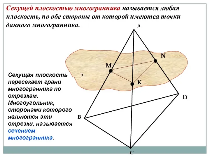 Секущей плоскостью многогранника называется любая плоскость, по обе стороны от