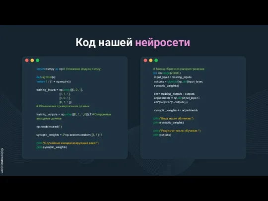 Код нашей нейросети # Метод обратного распространения for i in