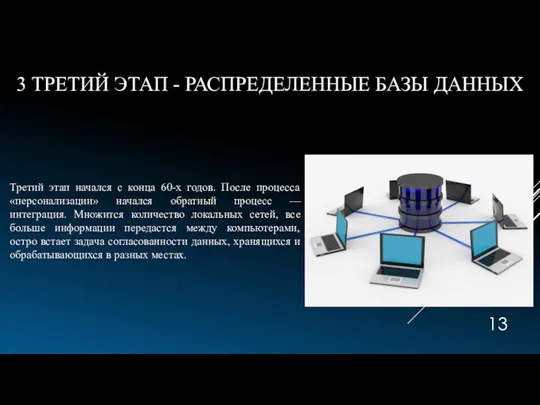 3 ТРЕТИЙ ЭТАП - РАСПРЕДЕЛЕННЫЕ БАЗЫ ДАННЫХ Третий этап начался с конца 60-х