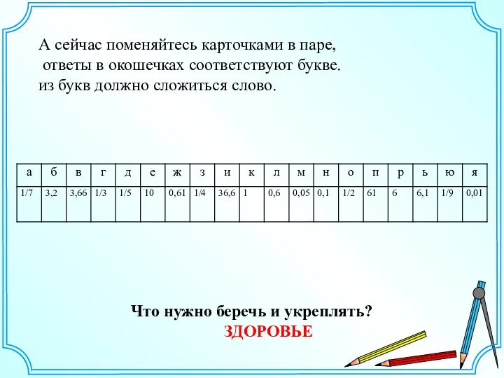 А сейчас поменяйтесь карточками в паре, ответы в окошечках соответствуют