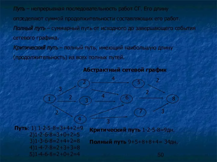 Путь – непрерывная последовательность работ СГ. Его длину определяют суммой продолжительности составляющих его