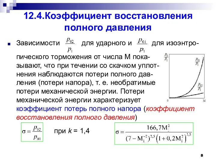 12.4.Коэффициент восстановления полного давления Зависимости для ударного и для изоэнтро-