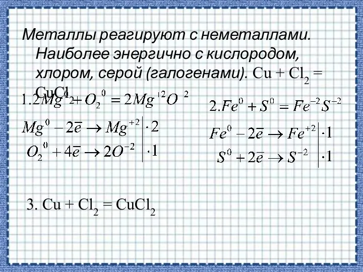 Металлы реагируют с неметаллами. Наиболее энергично с кислородом, хлором, серой