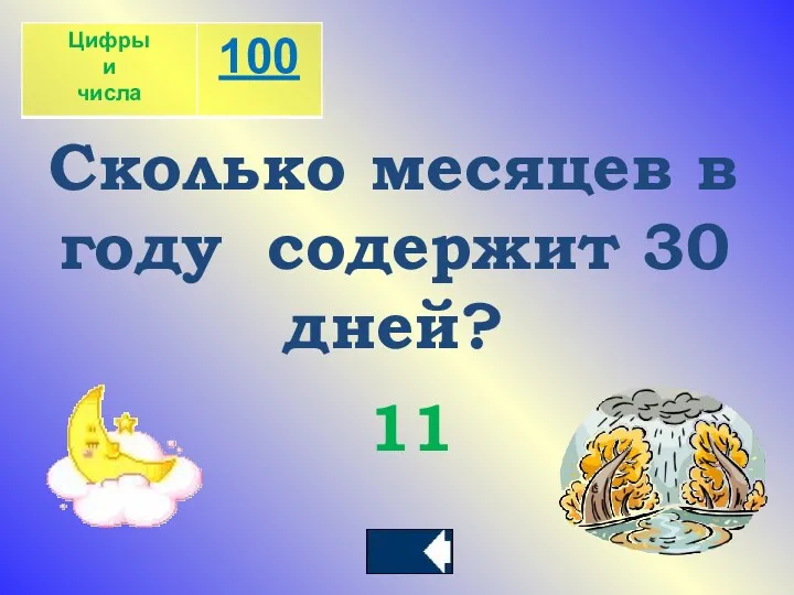 Сколько месяцев в году содержит 30 дней? 11