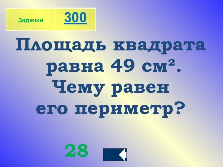 Площадь квадрата равна 49 см². Чему равен его периметр? 28