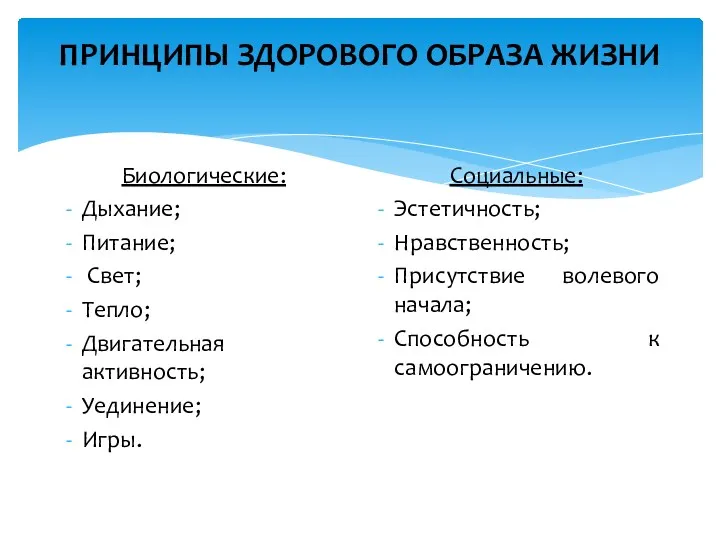 ПРИНЦИПЫ ЗДОРОВОГО ОБРАЗА ЖИЗНИ Биологические: Дыхание; Питание; Свет; Тепло; Двигательная