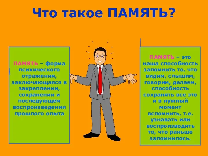 Что такое ПАМЯТЬ? ПАМЯТЬ – форма психического отражения, заключающаяся в