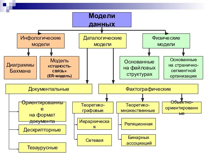 Модели данных Инфологические модели Даталогические модели Физические модели Диаграммы Бахмана