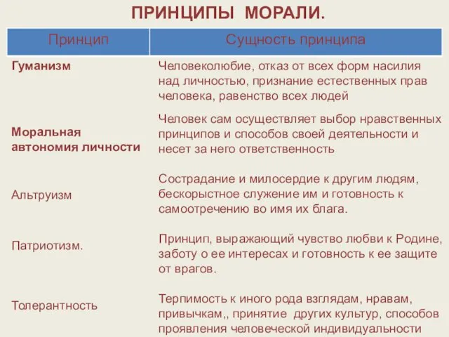 ПРИНЦИПЫ МОРАЛИ. Гуманизм Моральная автономия личности Альтруизм Патриотизм. Толерантность Человеколюбие,