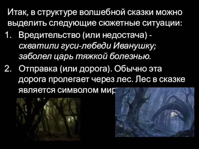 Итак, в структуре волшебной сказки можно выделить следующие сюжетные ситуации: