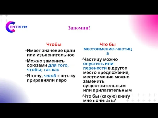 Запомни! Чтобы Имеет значение цели или изъяснительное Можно заменить союзами