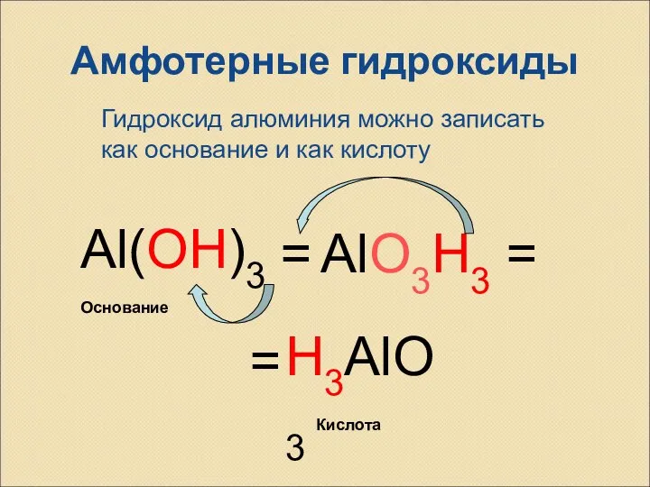 Амфотерные гидроксиды Al(OH)3 = H3AlO3 AlO3H3 = = Кислота Основание