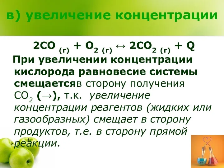 в) увеличение концентрации 2CO (г) + O2 (г) ↔ 2CO2