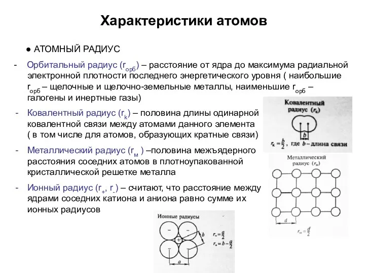 Характеристики атомов ● АТОМНЫЙ РАДИУС - Орбитальный радиус (rорб) –