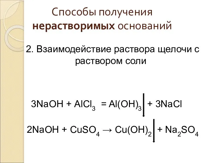 Способы получения нерастворимых оснований 2. Взаимодействие раствора щелочи с раствором