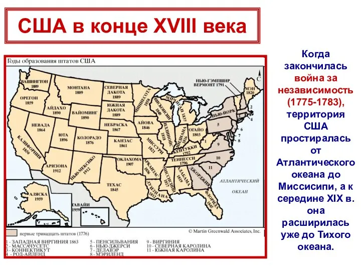 Когда закончилась война за независимость (1775-1783), территория США простиралась от