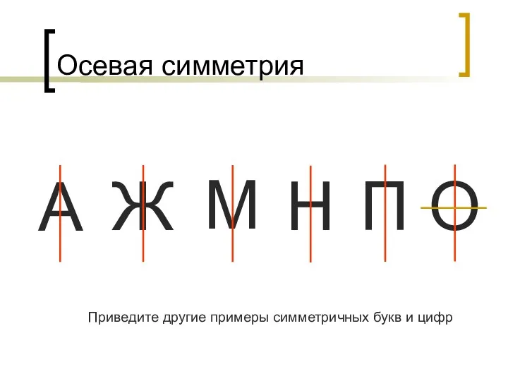 А Осевая симметрия Ж М Н П О Приведите другие примеры симметричных букв и цифр