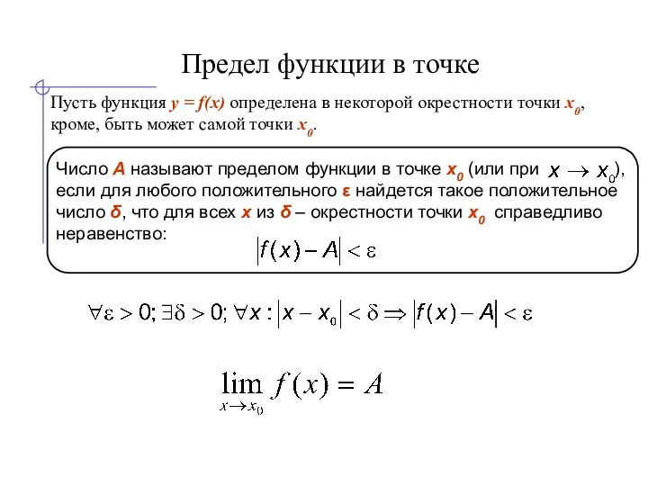 Предел функции в точке Пусть функция y = f(x) определена