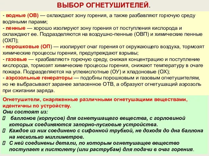 - водные (ОВ) — охлаждают зону горения, а также разбавляют