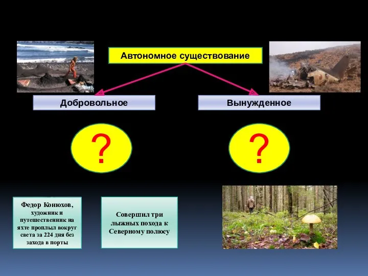 Автономное существование Добровольное Вынужденное ? ? Федор Конюхов, художник и