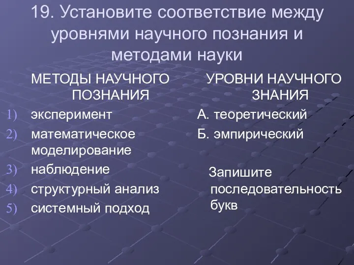 19. Установите соответствие между уровнями научного познания и методами науки