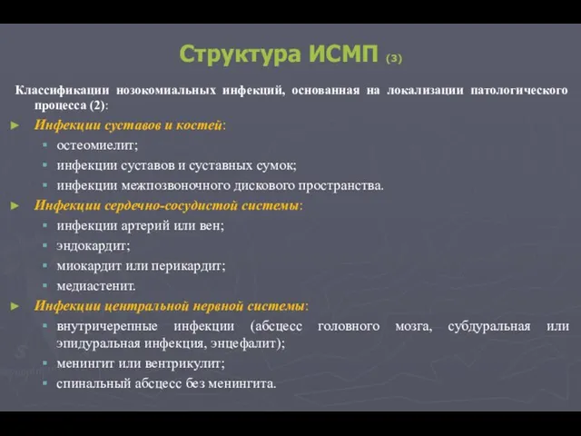 Структура ИСМП (3) Классификации нозокомиальных инфекций, основанная на локализации патологического