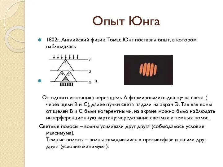 Опыт Юнга 1802г. Английский физик Томас Юнг поставил опыт, в