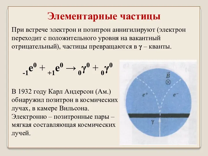 При встрече электрон и позитрон аннигилируют (электрон переходит с положительного