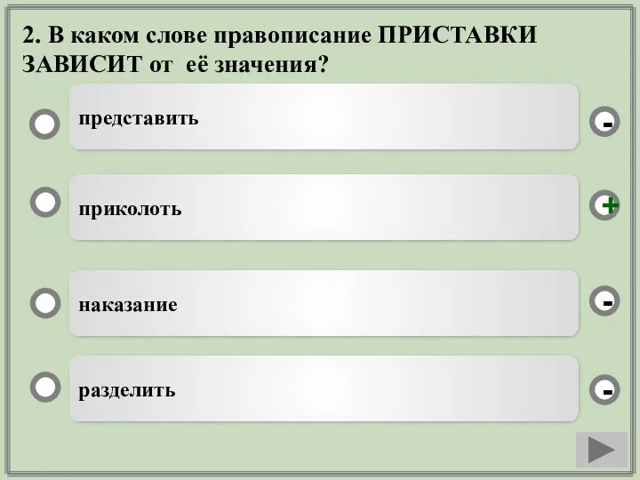 2. В каком слове правописание ПРИСТАВКИ ЗАВИСИТ от её значения?