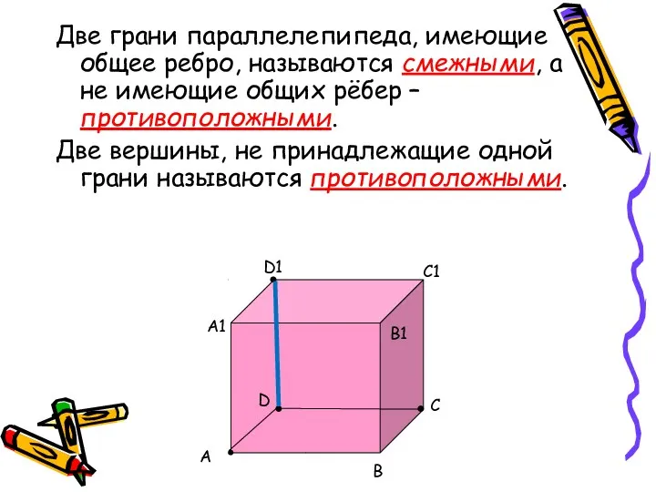 Две грани параллелепипеда, имеющие общее ребро, называются смежными, а не