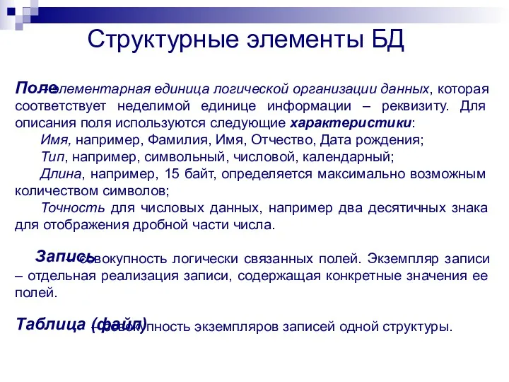 Структурные элементы БД – элементарная единица логической организации данных, которая