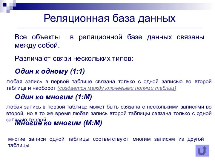 Все объекты в реляционной базе данных связаны между собой. Различают