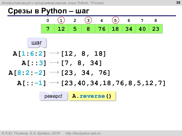 Срезы в Python – шаг A[1:6:2] [12, 8, 18] A[::3] [7, 8, 34]