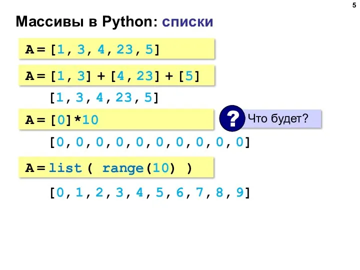 Массивы в Python: списки A = [1, 3, 4, 23,