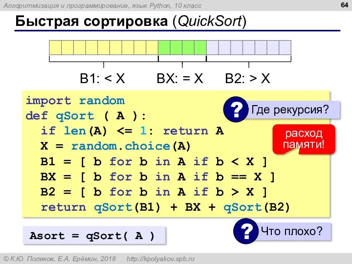 Быстрая сортировка (QuickSort) B1: B2: > X BX: = X import random def