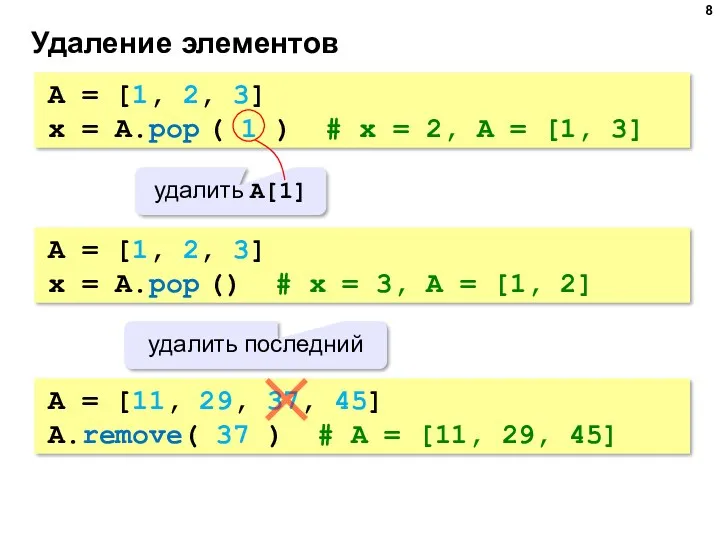 Удаление элементов A = [1, 2, 3] x = A.pop