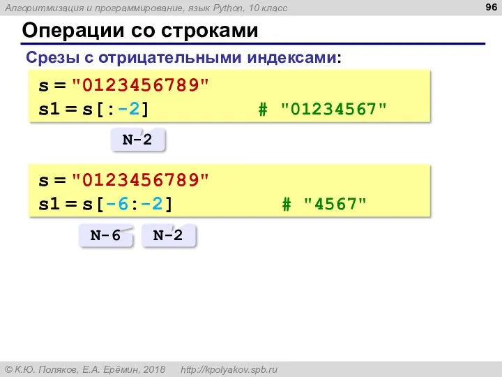 Операции со строками Срезы с отрицательными индексами: s = "0123456789" s1 = s[:-2]