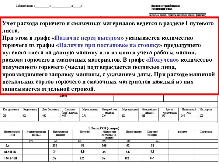 Учет расхода горючего и смазочных материалов ведется в разделе I