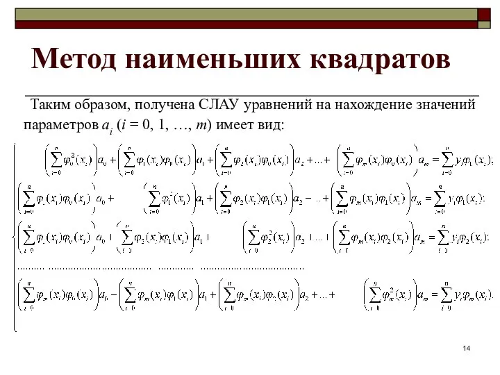 Метод наименьших квадратов Таким образом, получена СЛАУ уравнений на нахождение значений параметров ai