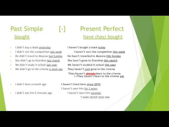 Past Simple [-] Present Perfect bought have (has) bought I
