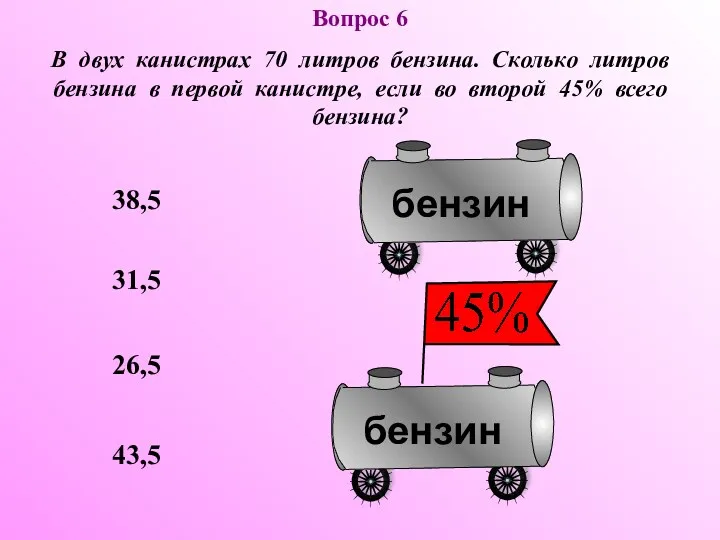 Вопрос 6 В двух канистрах 70 литров бензина. Сколько литров