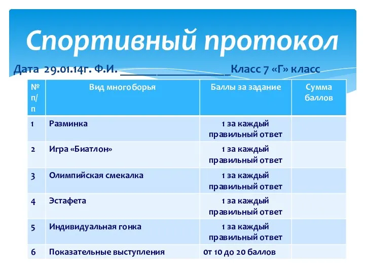 Дата 29.01.14г. Ф.И. __________________Класс 7 «Г» класс Спортивный протокол