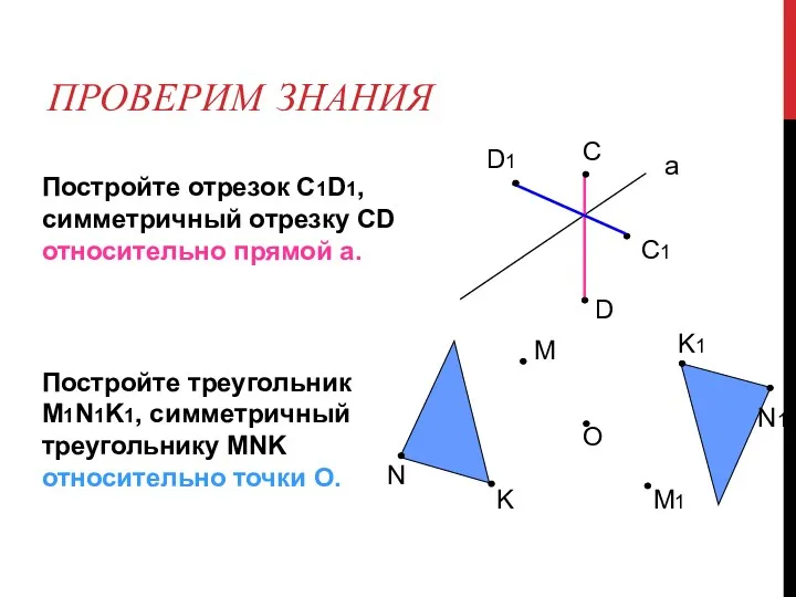 ПРОВЕРИМ ЗНАНИЯ Постройте отрезок С1D1, симметричный отрезку СD относительно прямой а. Постройте треугольник