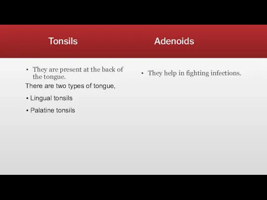 Tonsils Adenoids They are present at the back of the tongue. There are
