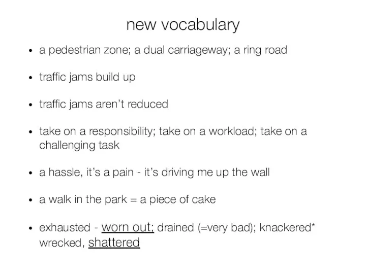 new vocabulary a pedestrian zone; a dual carriageway; a ring